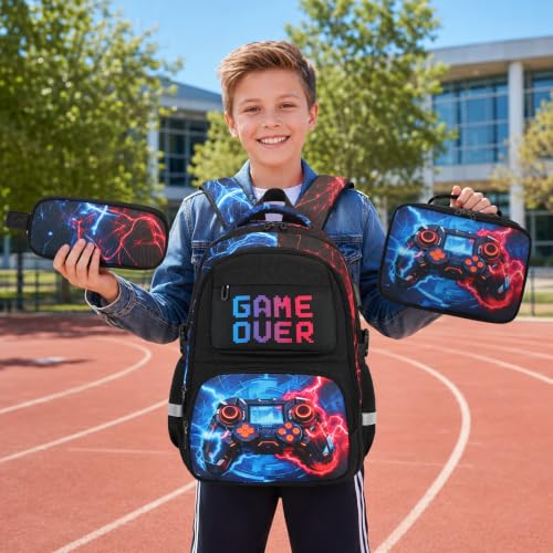 Scothen 3PCS Boys Backpack Set, Cool Backpack for Boys with Lunch Bag & Pencil Case, Kids School Bag Teen Boy Bookbag for Kindergarten Elementary Middle School with USB Charging Port - color: Red & Blue Lightning