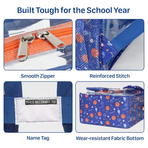 Bagseri Clear Backpack for Boys, 15 Inch Heavy Duty Kids Transparent Bookbag for School Kindergarten to 2nd Grade, Fits 12.5 Inch Folders, High Visibility Reflective Strips, Blue Basketball - color: 1pcs, A-blue Basketball, style: Backpack