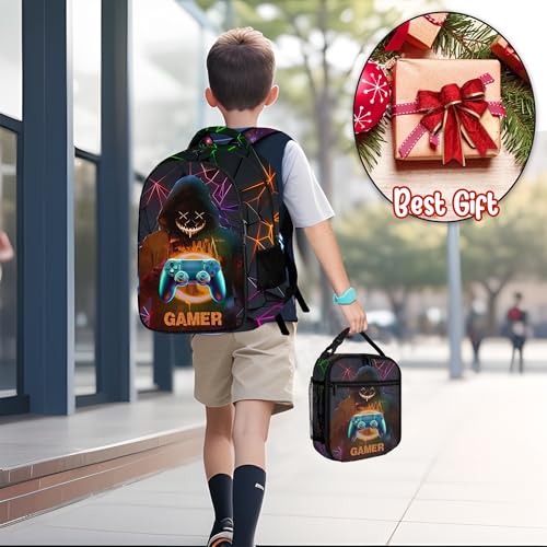 Boys Backpack with Lunch Box and Pencil Case, 3Pcs Gamer Backpack for Boys Teens, 17 Inch Large Capacity - color: GAME-HMWJ-3