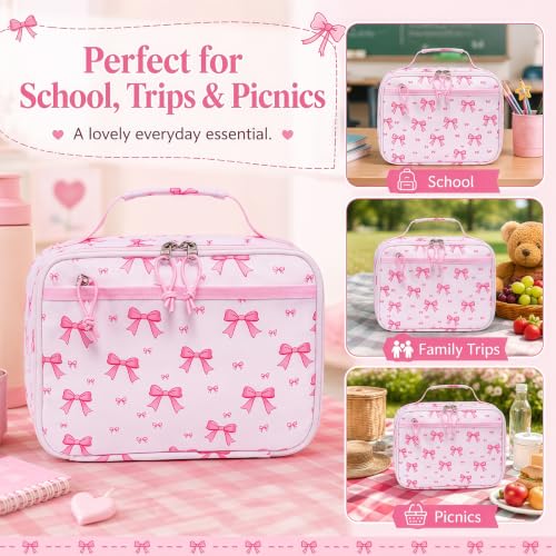 LEDAOU Kids Lunch Box - Insulated Reusable Lunch Box for Girls, Small Lightweight Water Resistant Snack Cooler Tote for Preschool, Kindergarten, School, Picnic and Hiking - color: Bow pink