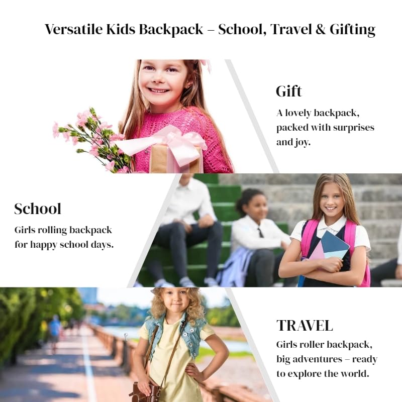 EKUIZAI Girls Rolling Backpack for Kids School Bags with wheels for Middle Students Trolley Bookbag Kids Roller School Backpack, 6-Wheel Pink - color: B-6-wheel Pink, style: 6 Wheels