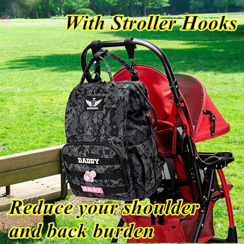 Camo Diaper Bag Backpack for Dad and Mom with USB Charging Port Stroller Straps and Insulated Pocket,army military Travel Nappy Backpack (DADDY and MOMMY patches) - color: Black Camo