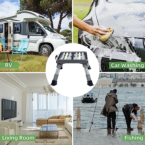 Homeon Wheels Iron RV Steps Adjustable Folding Step Stool with Non-Slip Rubber Feet, Stable Platform, Safety Strips, Handle, Easy Carry, Outdoor Camper Trailer Travel - Gray - color: Gray Luminous
