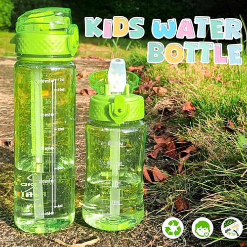 OLDLEY 17oz Kids Water Bottle, Tritan BPA-Free, Leakproof Flip Straw Lid, Motivational Time Marker, Carry Strap, Reusable Clear Water Bottle for Boys & Girls,Parrott Green - color: Parrott Green, style: 17 Ounces