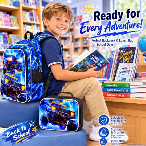 17" Truck Backpack for Boy, 3Pcs Lightning Bookbag for Elementary Preschool Kindergarten, Kids School Thunder Backpacks with Lunch Box (Blue) - color: Turck Blue