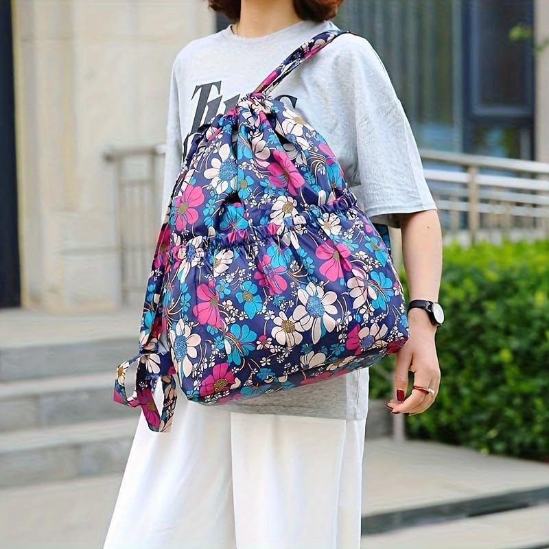 Ethnic Nylon Drawstring Backpack, Floral Print Travel & Sports Rucksack, Lightweight Shoulder Bag Bundle Pocket-black - color: Black