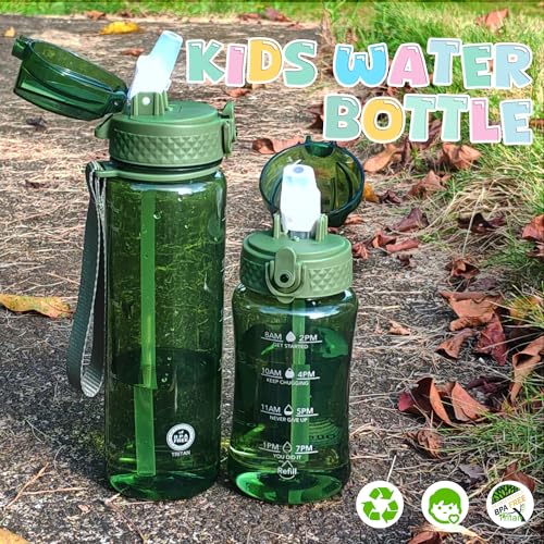OLDLEY 17oz Kids Water Bottle, Tritan BPA-Free, Leakproof Flip Straw Lid, Motivational Time Marker, Carry Strap, Reusable Clear Water Bottle for Boys & Girls,Jade - color: Jade, style: 17 Ounces