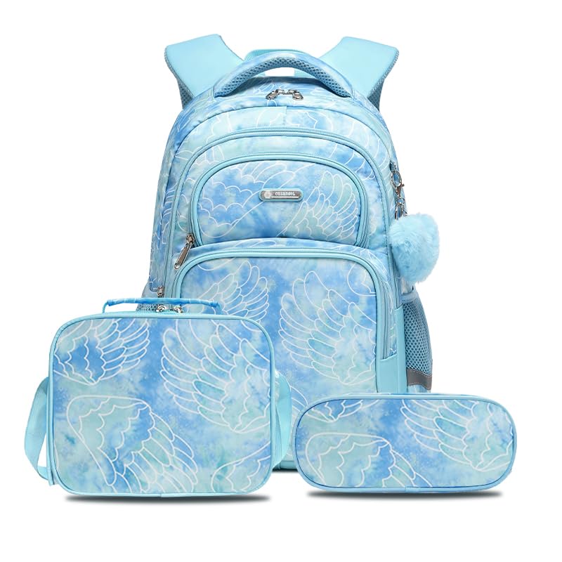 Cusangel Kids school Backpack with lunch bax for Girls,Elementary 6-12years Bookbag nylon large capacity backpack,Daypack - color: Green 3pcs