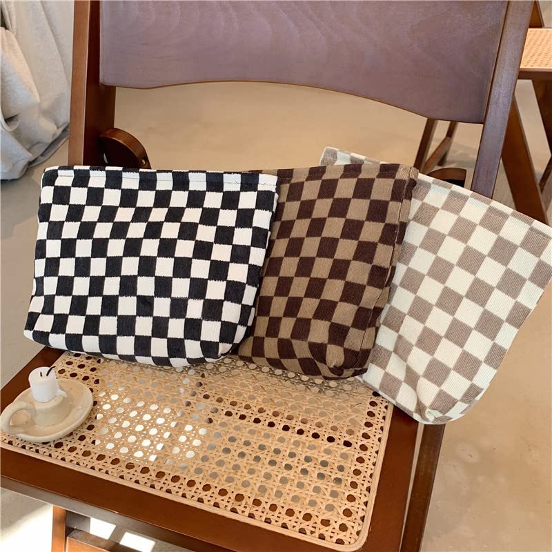 Flat Makeup Bag for Women,Zipper Cosmetic Pouch for Purse,Checkered Black - color: Checkered Black