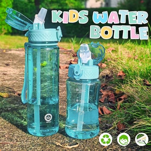 OLDLEY 12oz Kids Water Bottle, Tritan BPA-Free, Leakproof Flip Straw Lid, Motivational Time Marker, Carry Strap, Reusable Clear Water Bottle for Boys & Girls,Cerulean - color: Cerulean, style: 12 Ounces