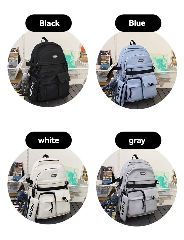 Urban Cargo Backpack, Multi-Pocket Nylon Daypack with Detachable Pouch & Plush Charm for Commute, Travel & Daily Use (black) - color: Black
