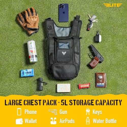 Elite Sports Running Vest w/Phone Holder, Gun Holster for Men/Women, Reflective Lightweight Chest Pack w/Touch Friendly Phone Sleeve, Camera Pocket - Chest Rig for Hiking, Trail, Marathon, Camping - size: Large