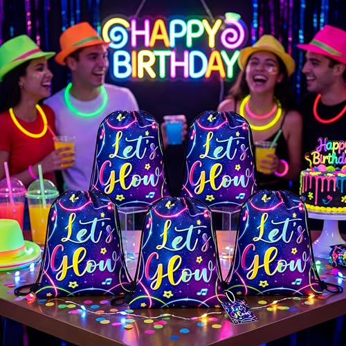 Censen 24 Pcs Let's Glow Drawstring Bags Set Bulk 12 x 10 Inch Low Party Favor Bags Neon Birthday Supplies for Adults Gift Party Supplies - style: Neon