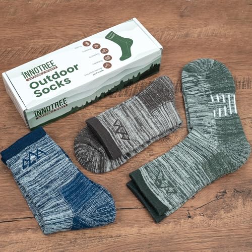 innotree Men's Merino Wool Hiking Socks 3 Pairs, Moisture Wicking Cushioned Breathable Crew Socks for Hiking Walking Trekking - color: Grey, Blue, Green, size: X-Large