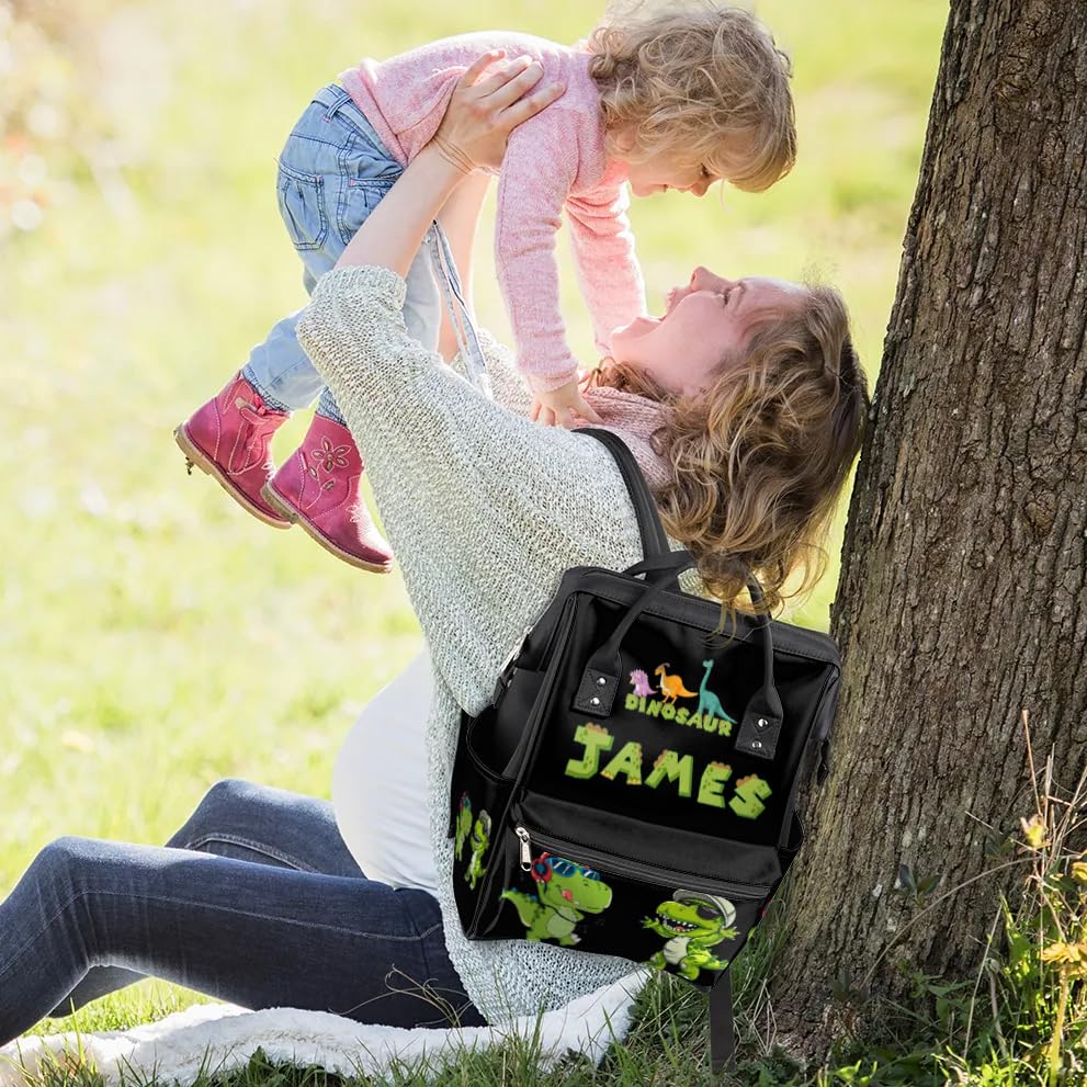 Personalized Dinosaur-Diaper-Backpack Custom-Diaper-Bag with-Name for Mom Dad Waterproof Baby Boy Nappy-Bag Black Mommy-Backpack - color: Black
