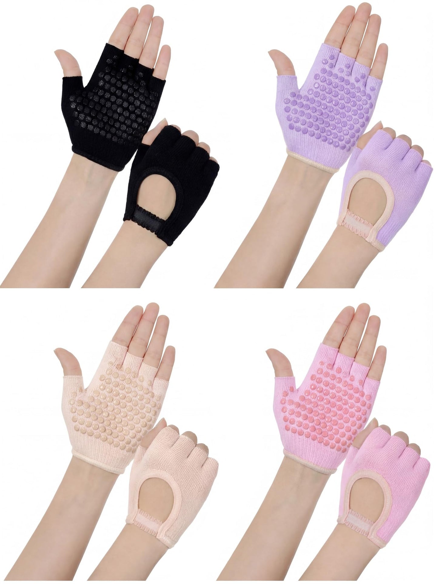 Fourluoo 4 Pairs Pilates Gloves with Grips for Women Non Slip Cotton Fingerless Silicone Yoga Gloves for Gym Exercise Workout Weight Training Mitten Fits Women Men - color: Pink, Purple, Beige, Black