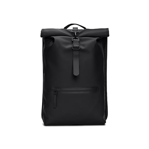 RAINS Rolltop Rucksack - Black Water Resistant Water Repellent Rolltop Backpack Padded Straps Air-Mesh Back Minimalist Contemporary Urban Design - 2 Year Warranty - color: Black, size: Standard