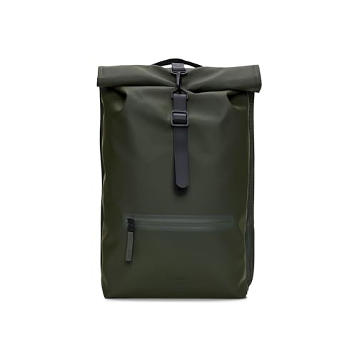 RAINS Rolltop Rucksack - Green Water Resistant Water Repellent Rolltop Backpack Padded Straps Air-Mesh Back Minimalist Contemporary Urban Design - 2 Year Warranty - color: Green, size: Standard