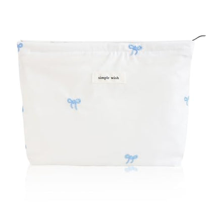 Wudygirl Cute Makeup Bag for Women - Travel Cosmetic Bag with Zipper Makeup Pouch Floral Make up Organizer Handbag Aesthetic (Blue Bow) - color: Blue Bow