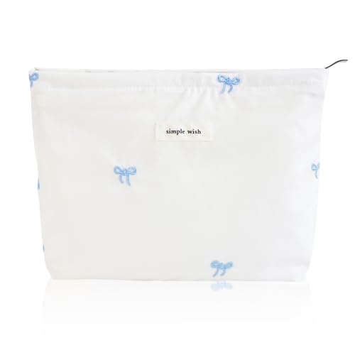 Wudygirl Cute Makeup Bag for Women - Travel Cosmetic Bag with Zipper Makeup Pouch Floral Make up Organizer Handbag Aesthetic (Blue Bow) - color: Blue Bow