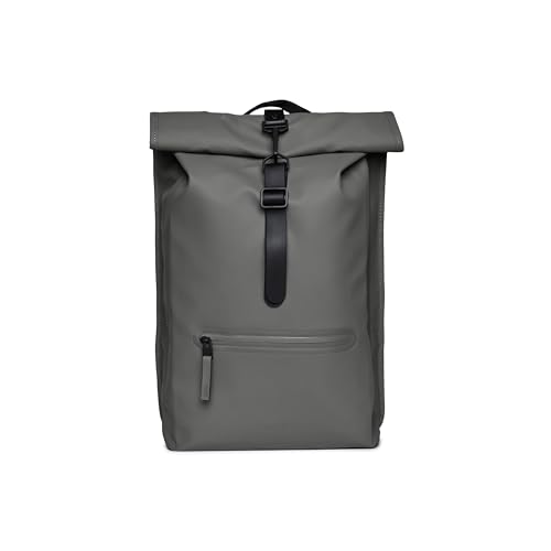 RAINS Rolltop Rucksack - Grey Water Resistant Water Repellent Rolltop Backpack Padded Straps Air-Mesh Back Minimalist Contemporary Urban Design - 2 Year Warranty - color: Grey, size: Standard
