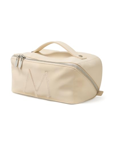 EACHY Travel Makeup Bag, Large Capacity Cosmetic Bag for Women, Waterproof PU Leather, Flat Open Portable Toiletry Bag for Skincare, Brushes & Travel Essentials - color: AO-Beige-M, size: Medium