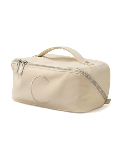 EACHY Travel Makeup Bag, Large Capacity Cosmetic Bag for Women, Waterproof PU Leather, Flat Open Portable Toiletry Bag for Skincare, Brushes & Travel Essentials - color: AP-Beige-C, size: Medium