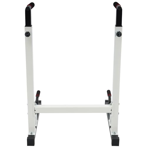 BalanceFrom Steel Frame Dip Station with Adjustable Height, 500 Pound Weight Capacity – Upper Body Workout Home Gym Equipment for Triceps, Push & Pull Ups, Leg Raises, and Bench Press - color: White