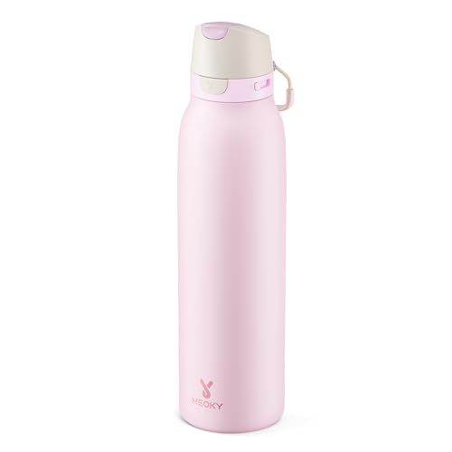 Meoky 24 oz Stainless Steel Slim Water Bottle: Leak Proof Locking Lid, 2-in-1 Straw and Spout, 24 Hours Cold, Top Handle, Fits in Car Cup Holder, Insulated Water Bottle for Backpack, Blush - color: Blush