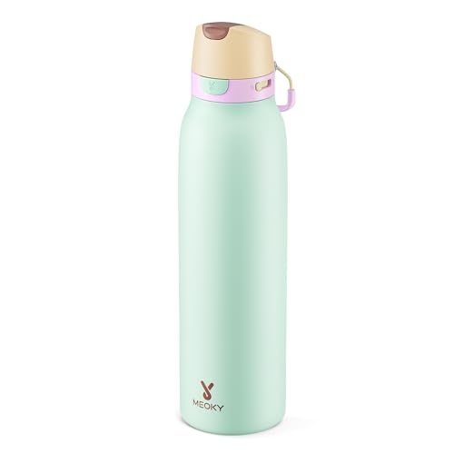 Meoky 24 oz Slim Insulated Water Bottle: Leak Proof Locking Lid, 2-in-1 Straw and Spout, 24 Hours Cold, Top Handle, BPA Free, Stainless Steel Water Bottle for Adults Teens Sports Travel, Lime - color: Lime