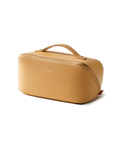EACHY Travel Makeup Bag, Large Capacity Cosmetic Bag for Women, Waterproof PU Leather, Flat Open Portable Toiletry Bag for Skincare, Brushes & Travel Essentials - color: AM-Yellow, size: Medium