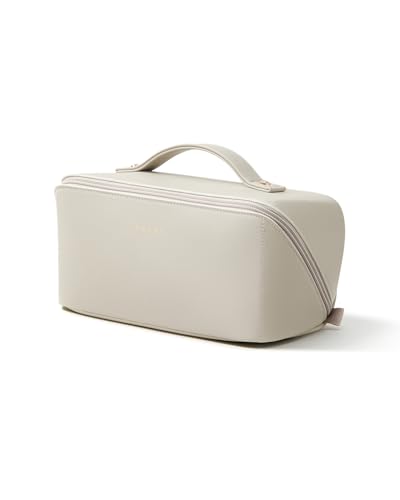 EACHY Travel Makeup Bag, Large Capacity Cosmetic Bag for Women, Waterproof PU Leather, Flat Open Portable Toiletry Bag for Skincare, Brushes & Travel Essentials - color: AX-Gray, size: Medium