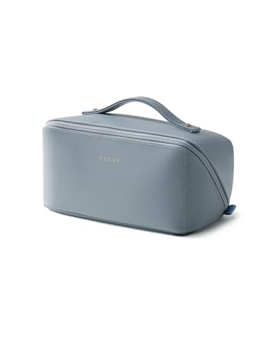 EACHY Travel Makeup Bag, Large Capacity Cosmetic Bag for Women, Waterproof PU Leather, Flat Open Portable Toiletry Bag for Skincare, Brushes & Travel Essentials - color: AJ-Blue, size: Medium
