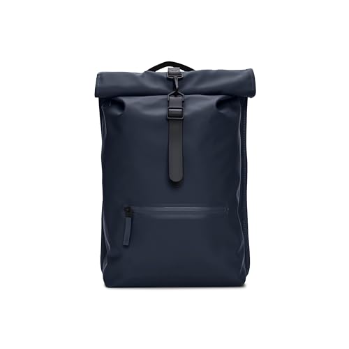 RAINS Rolltop Rucksack - Blue Water Resistant Water Repellent Rolltop Backpack Padded Straps Air-Mesh Back Minimalist Contemporary Urban Design - 2 Year Warranty - color: Navy, size: Standard