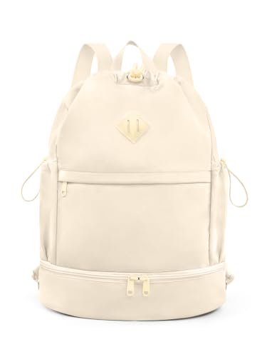 RHDZO Drawstring Gym Backpack with Shoe Compartment and Wet Pocket, Beige - color: Beige