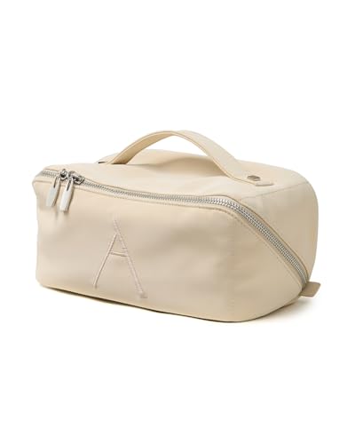 EACHY Travel Makeup Bag, Large Capacity Cosmetic Bag for Women, Waterproof PU Leather, Flat Open Portable Toiletry Bag for Skincare, Brushes & Travel Essentials - color: AQ-Beige-A, size: Medium