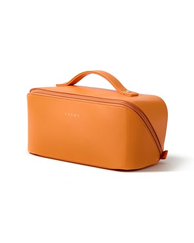 EACHY Travel Makeup Bag, Large Capacity Cosmetic Bag for Women, Waterproof PU Leather, Flat Open Portable Toiletry Bag for Skincare, Brushes & Travel Essentials - color: AZ-Orange, size: Medium
