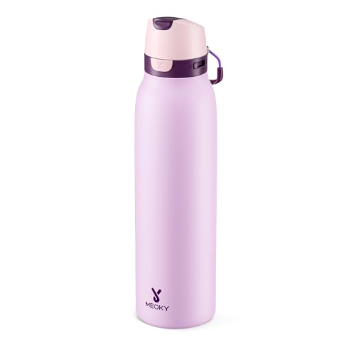 Meoky 24 oz Stainless Steel Slim Water Bottle: Leak Proof Locking Lid, 2-in-1 Straw and Spout, 24 Hours Cold, Top Handle, BPA Free, Insulated Water Bottle for Women Sports Travel Gym, Lavender - color: Lavender