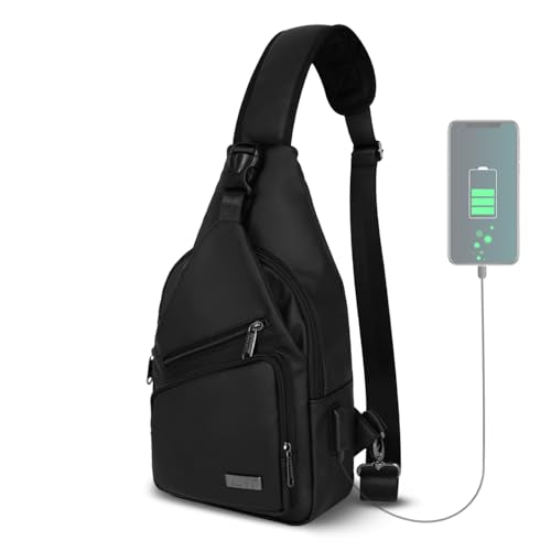AMJ Crossbody Sling Bag Men Women, Casual Shoulder Backpack, Chest Daypack Satchel for Hiking Travel - color: Black Leath, size: Large