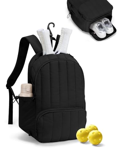Pickleball Bag, Pickleball Backpack with Shoe Compartment and Paddle Slots, Large Sports Gym Backpack with Wet Pocket - color: Black