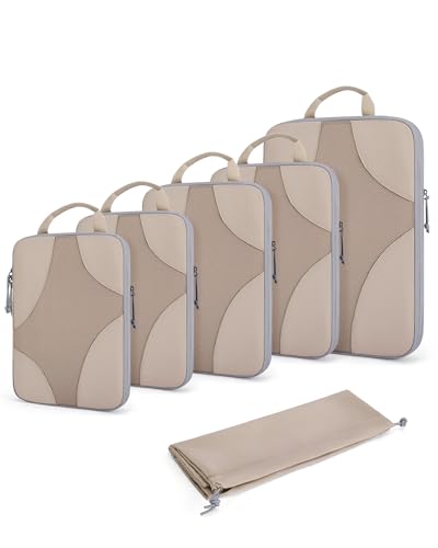 BAGSMART Compression Packing Cubes for Travel, 6 Set/14 Set Compressible Luggage Organizer for Cruise Ship, Lightweight Travel Essentials (1L+2M+2S+Shoe bag+Drawstring bag+Toiletry bag+6Plastic bags) - color: 02-Latte Brown, size: 6 Set