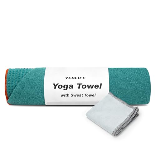YESLIFE Non-Slip Extra Thick Hot Yoga Towel with One Sweat Towel, Microfiber Sweat Absorbent Yoga Mat Towel with Grip Dot, Pilates Mat, 72" x 24", Cyan - color: Cyan