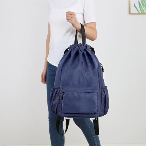 Valleycomfy Waterproof Drawstring Gym Backpack Bag for Men & Women,Sports Gym Bag with Side Pocket Orange - color: A-dark Blue