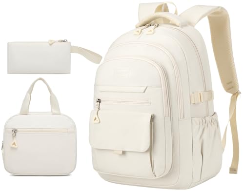 Girls School Backpack with Lunch Box, Teens Schoolbag Aesthetic High School Middle School Laptop Backpack College Student Women Bookbag, Beige-3pack - color: Beige, size: 15.6in-3pcs