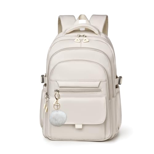 Backpack for Girls, Solid-Color School Backpack for Boys Kids, Aesthetic Girls Bookbag for Elementary School Travel Daypack,Beige - color: Beige-white