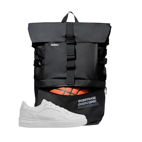 OVER3 Basketball Backpack Large - with Shoe & Laptop Compartment - Versatile Bag for Basketball, Soccer, Volleyball, Football and Travel - Men & Women - Black