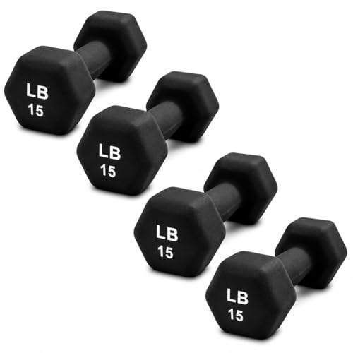 Neoprene Hexagon Dumbbells with Cast Ergo Handle (1 to 15lbs Pack of 1, 2, 4) | Durable Anti-Slip Exercise & Fitness Strength Training Free Weights for Home Gym | Black | For Men & Women - color: Black-15Lb pack of 4