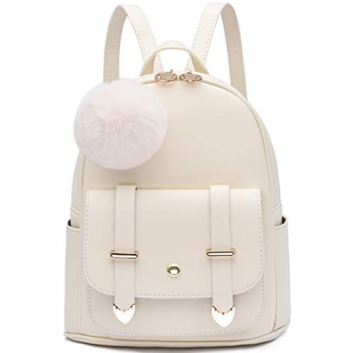 I IHAYNER Girls Fashion Backpack Mini Backpack Purse for Women Teenage Girls Purses PU Leather Pompom Backpack Shoulder Bag - color: White