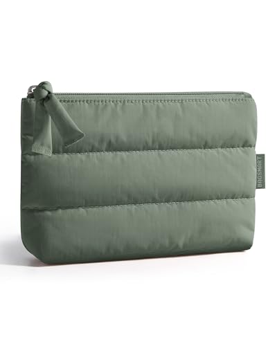 BAGSMART Small Makeup Bag – Slim 1.6", Machine Washable, Puffy Travel Pouch | Ultra-compact 1.6" profile; disappears into crowded totes, backpacks, carry-ons - color: Haze Green, size: Small