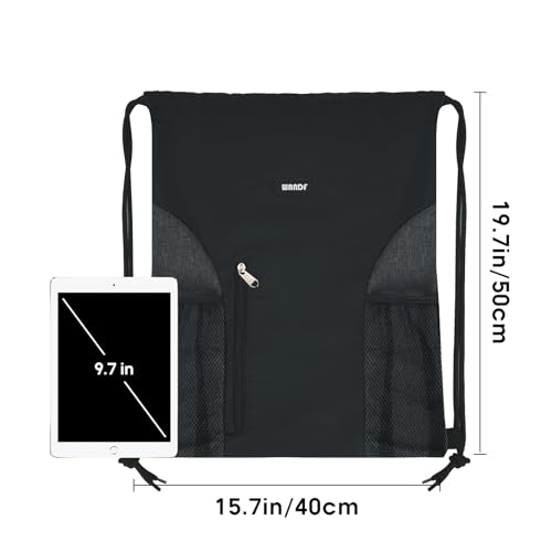 WANDF Drawstring Backpack Sports Gym Sackpack with Mesh Pockets Water Resistant String Bag for Women Men(Black) - color: Black